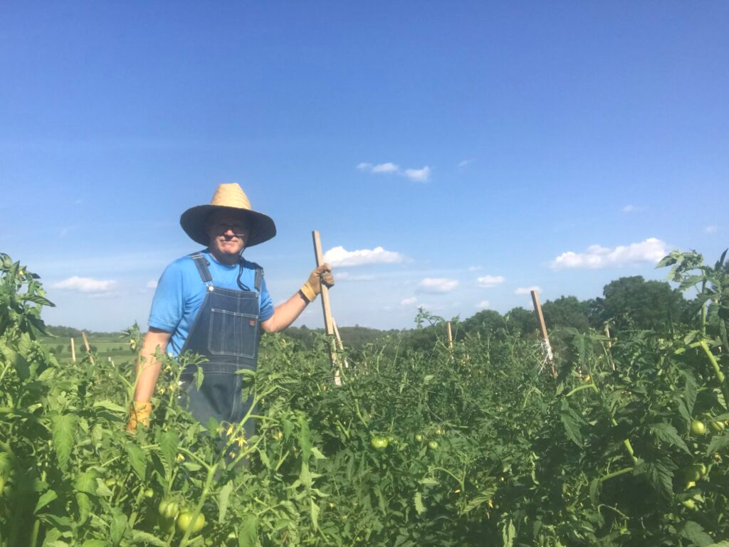 Farmer in a hat with a tool in a field